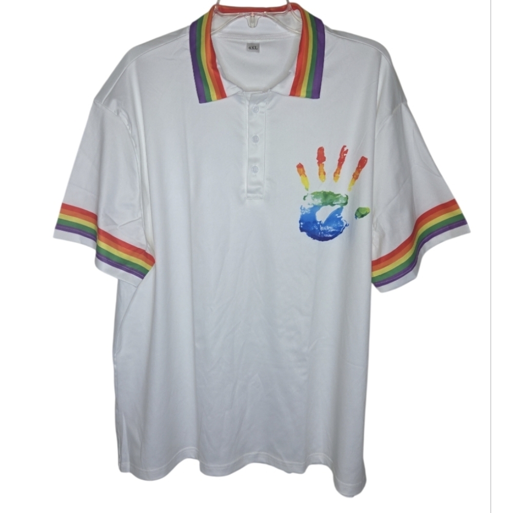 LGBTQ Gay Pride Rainbow Handprint Graphic Collared Polo Shirt Size 4XL